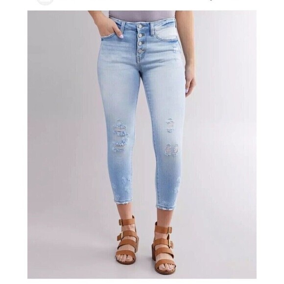Kancan Signature Jeans Kurvy Mid-rise Ankle Skinny Size 27 Distressed Light Wash - Picture 5 of 16